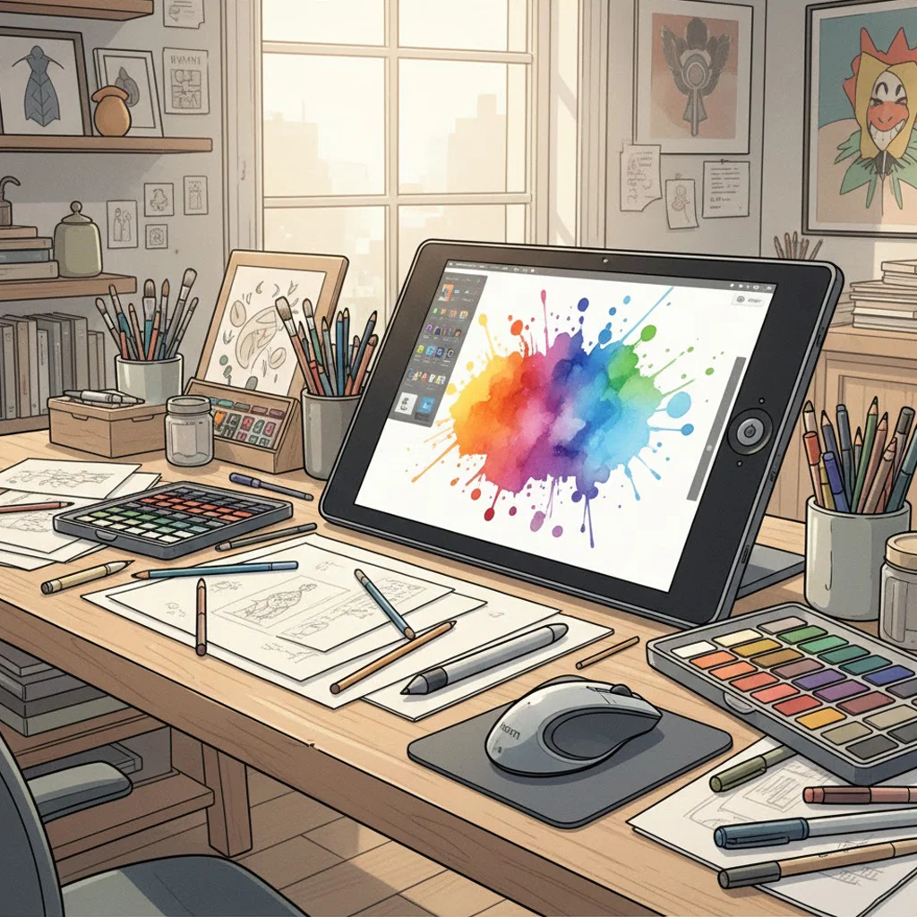 Bureau d'un artiste avec tablette graphique affichant des éclaboussures de peinture, crayons, calculatrice et palette de couleurs sur le bureau. Pièce lumineuse avec étagères et tableau peint.