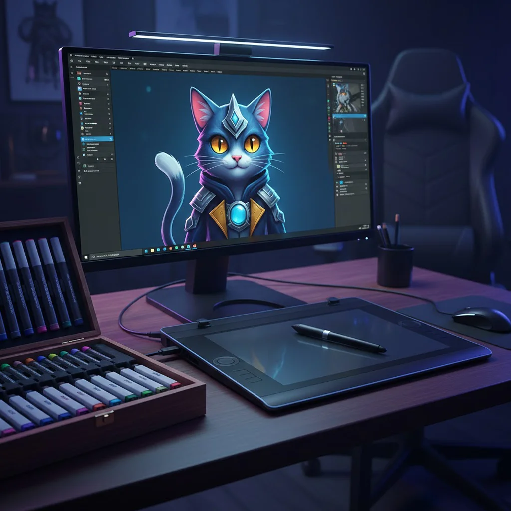 Bureau de création graphique avec un écran affichant un chat bleu stylisé en armure, une tablette graphique et une boîte de marqueurs.