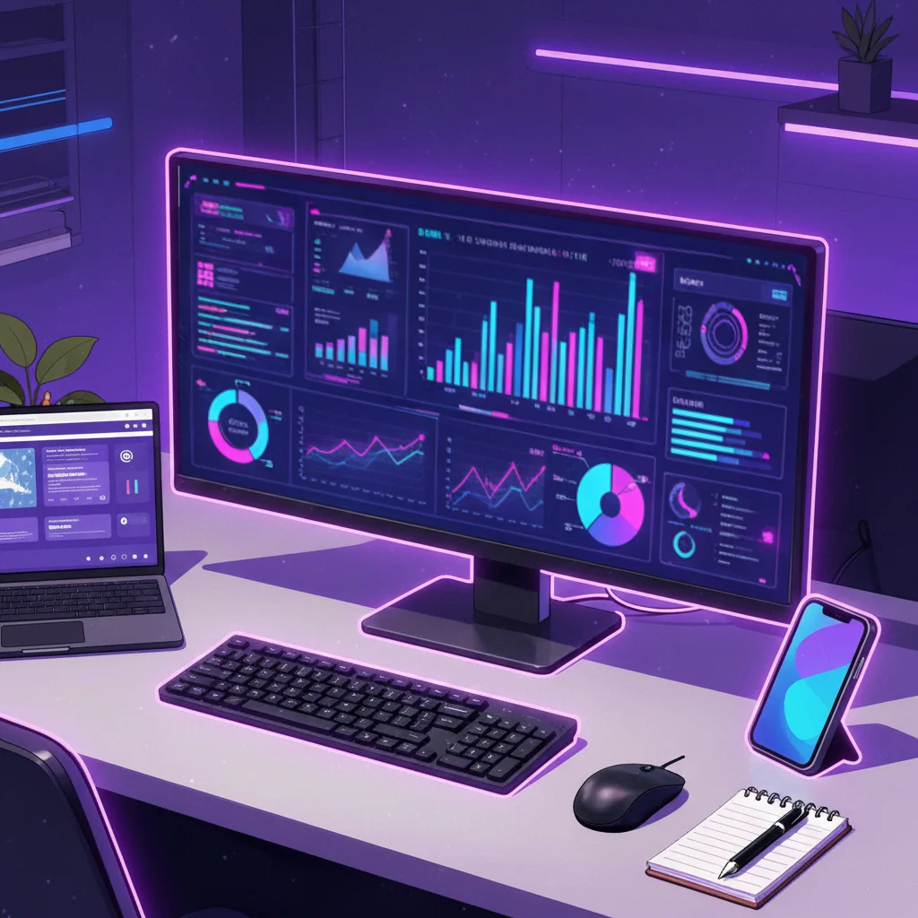 Bureau avec un grand écran affichant des graphiques de données multicolores, un ordinateur portable, un clavier, une souris, un smartphone et un carnet. C'est pour l'analyse webmarketing. Une ambiance de couleur bleu violet.