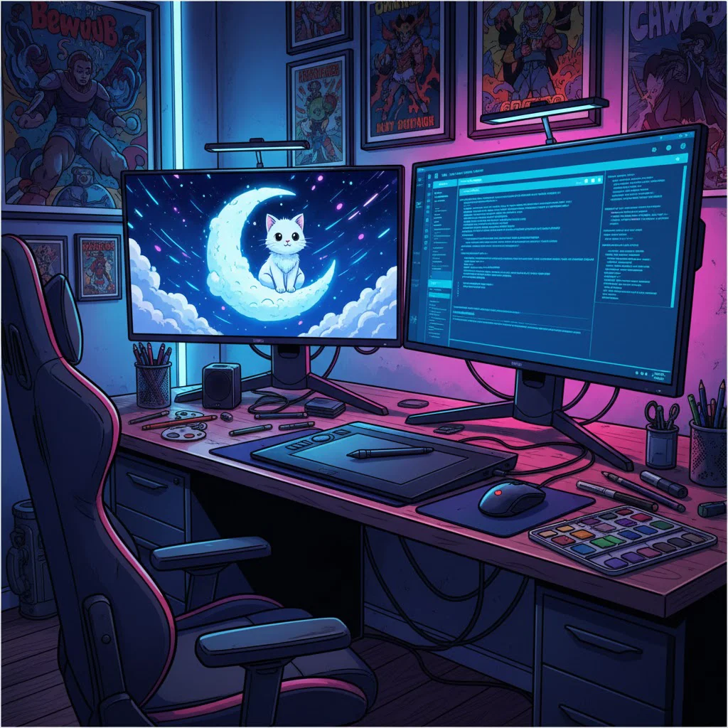 Bureau d'un codeur avec deux écrans: l'un affiche un chat blanc sur une lune, l'autre du code, avec une chaise de jeu à proximité. On voit sur le bureau une tablette wacom graphique, peinture et crayons. Ambiance graphique de style comics avec affiche aux murs et lumière bleu et violet.