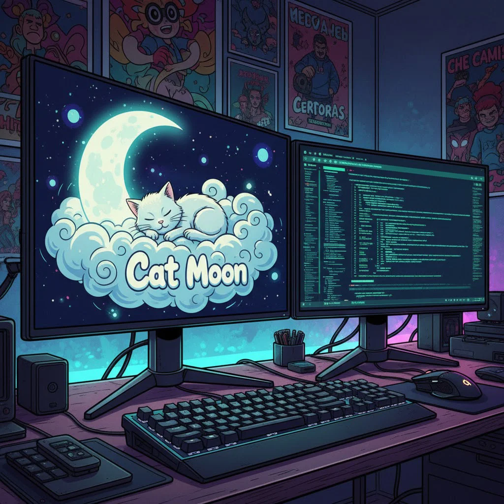 Deux écrans panoramique sur un bureau gaming avec son clavier. L'un des écran affiche un site de chat blanc qui dort paisiblement sur un nuage en forme de croissant de lune, avec le texte "Cat Moon" écrit dessus. Sur l'autre écran, des lignes de codes web du site. On a une ambiance tamisée bleuté de la pièce.