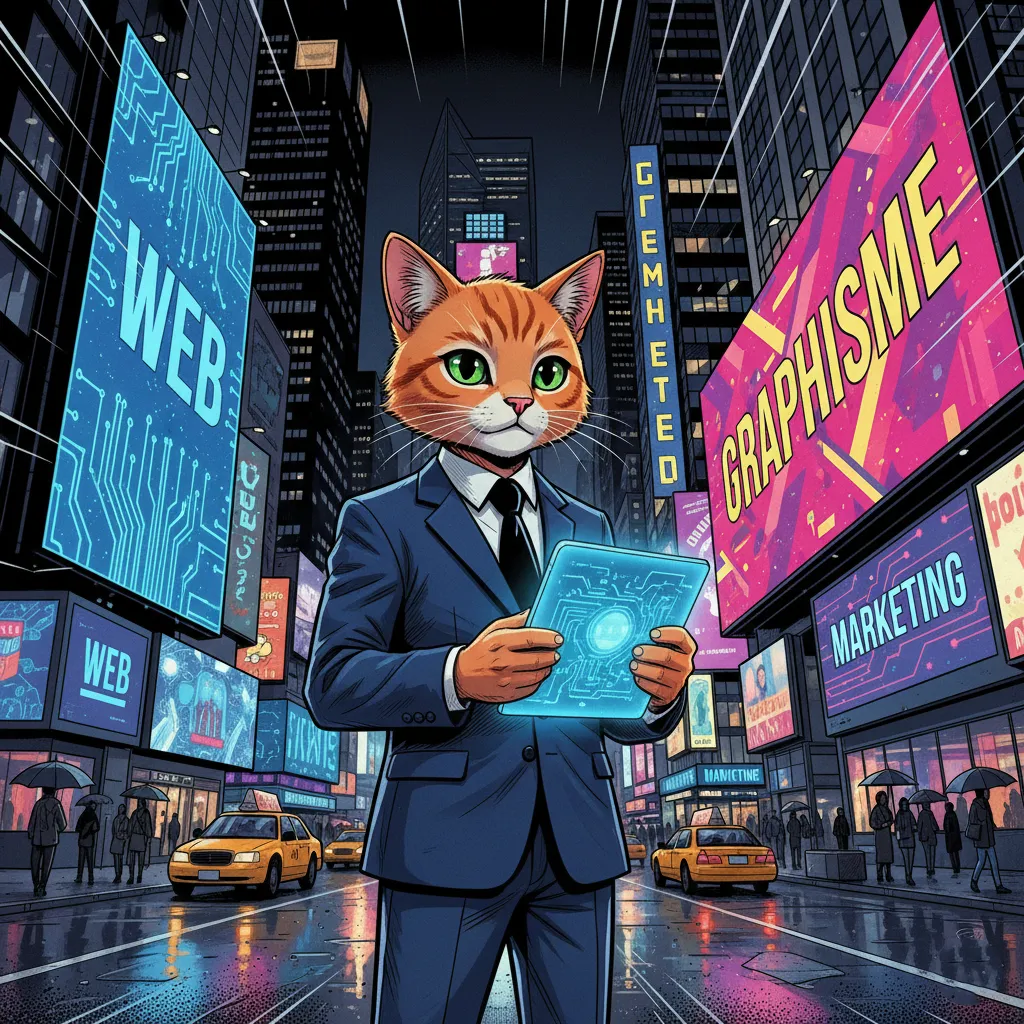 Un chat anthropomorphe en costume d'affaires tient une tablette lumineuse dans une rue de ville New York animée la nuit. Des panneaux d'affichage numériques diffusent des mots comme 'Web', 'Graphisme' et 'Marketing'.