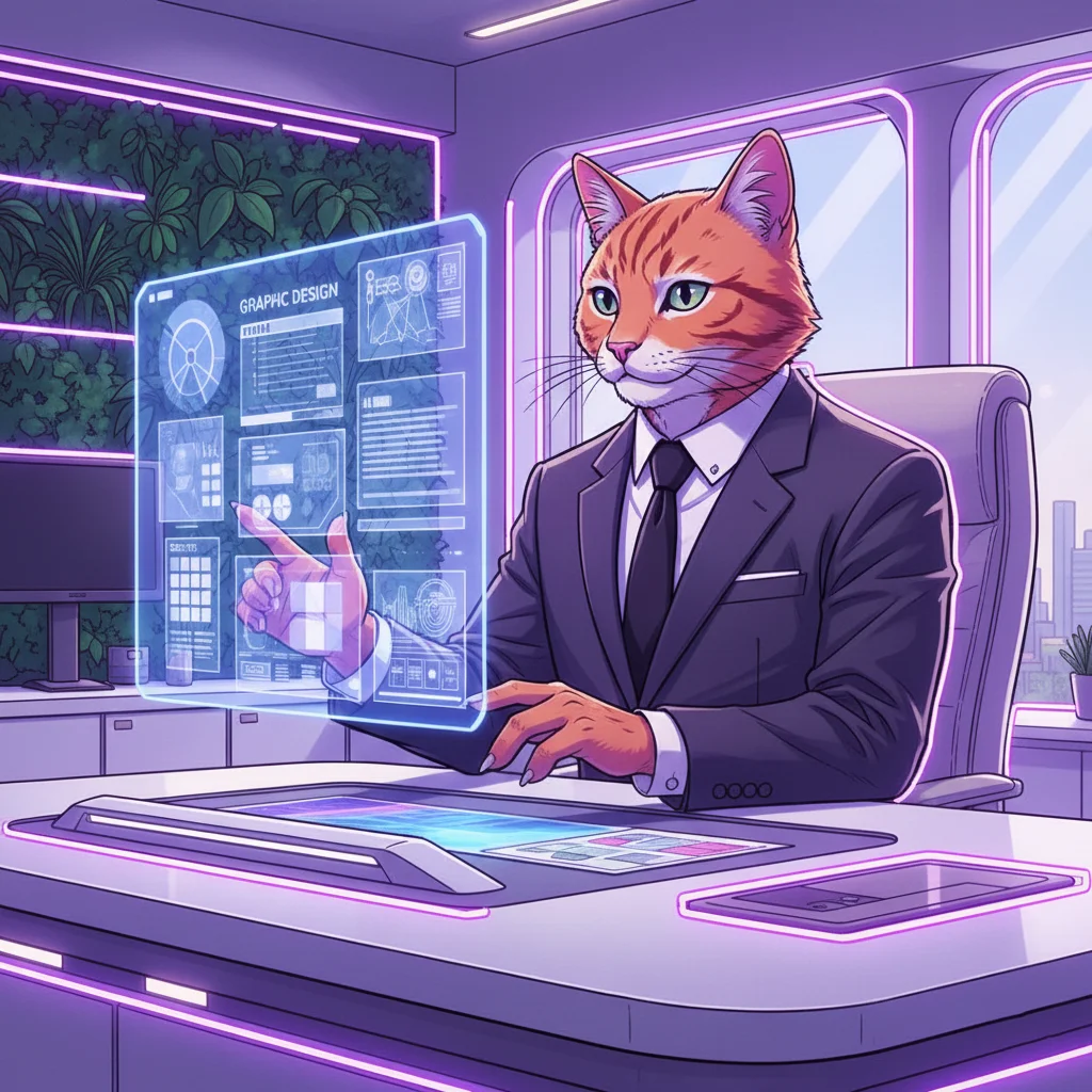 Un chat humanoïde roux en costume cravate manipule une interface holographique bleue affichant des graphiques et des données de conception.
