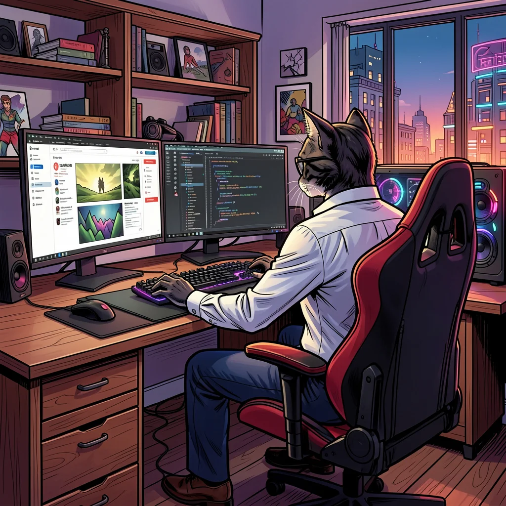 Un chat anthropomorphe portant des lunettes, une chemise blanche et un pantalon bleu, est assis devant un bureau avec deux écrans et tape sur un clavier. Il crée un site web wordpress et fait du code web.
