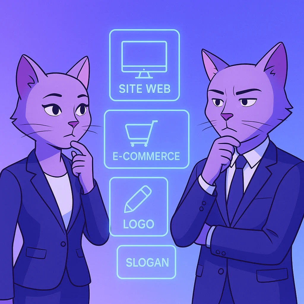 Deux chats humanoïdes en costume réfléchissent devant des icônes lumineuses représentant un site web, l'e-commerce, un logo et un slogan. Quels prestations prendre !