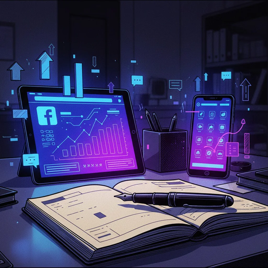 Tablette affichant des analyses marketing Facebook avec des graphiques. Près d'un téléphone, un livre ouvert avec une plume.